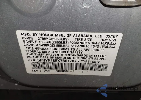2007 Honda Pilot Ex-L z USA, uszkodzony, nr VIN 5FNYF185X7B017875